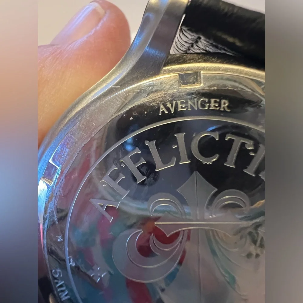 Affliction Avengers Watch Black Leather Studs Strap Winged Skull Tattoo Art Men - Picture 13 of 16